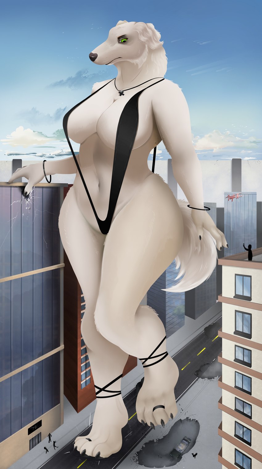 4_toes 5_fingers anthro big_butt black_clothing black_eyebrows black_nails black_nose building butt car city city_background cityscape clothed clothing cloud colored_nails crush day destruction detailed_background digit_ring extreme_size_difference eyebrows feet female fingers fluffy_ears foot_crush footprint fur green_eyes jewelry larger_anthro larger_female macro micro mostly_nude motor_vehicle nails navel necklace plantigrade police police_car police_vehicle reflection ring road size_difference size_play sky skyscraper smaller_human solo street tail text toe_ring toes vehicle walking white_body white_fur wristband taylornoir valeska_nox_(taylornoir) borzoi canid canine canis domestic_dog human hunting_dog mammal sighthound 2021 absurd_res artist_name colored digital_drawing_(artwork) digital_media_(artwork) english_text full-length_portrait hi_res portrait shaded signature