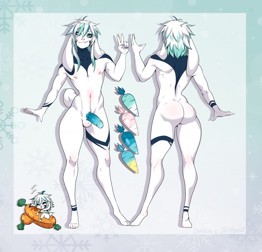 anthro balls blue_body blue_fur butt erection floppy_ears fur genitals gesture green_highlights grey_background hair hand_gesture highlights_(coloring) humanoid_genitalia humanoid_penis male nude penis simple_background smile solo v_sign white_body white_fur white_hair wide_eyed desubox jordy_(jordhan.wasnthere) lagomorph leporid mammal rabbit hi_res model_sheet