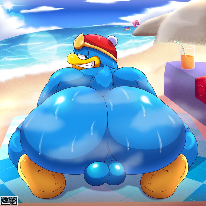 anthro balls beak big_butt butt condom duo genitals group huge_butt male nipples non-mammal_nipples penis sexual_barrier_device slightly_chubby slightly_chubby_male solo_focus trio murderdroid_(artist) kirby_(series) nintendo bandana_waddle_dee king_dedede kirby avian bird waddle_dee 1:1 absurd_res hi_res