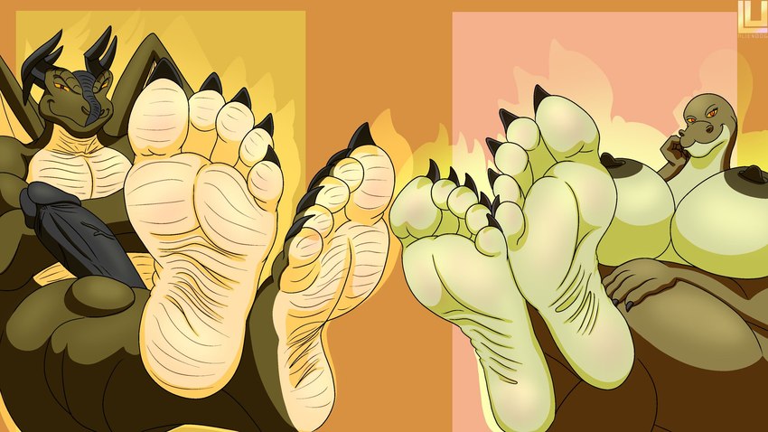 5_toes anthro big_breasts big_nipples big_penis breasts countershading curvy_figure duo feet female foot_fetish foot_focus genitals green_body green_scales humanoid_feet male male/female mature_female muscular muscular_male nipples penis plantigrade scales soles toes voluptuous wrinkled_feet wrinkles conditional_dnp lu123 zp92 mythology hudson_(zp92) margret_stalizburg dragon mythological_creature mythological_scalie reptile scalie snake 16:9 2022 hi_res widescreen