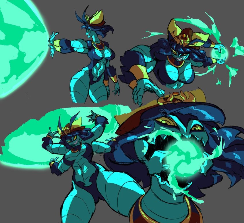 4_arms 5_fingers anthro armor big_breasts blue_body blue_hair breasts cleavage clothed clothing decorative_scarab egyptian egyptian_clothing empty_eyes energy energy_ball energy_beam evil_grin female fingers green_body grey_background hair headgear headwear hip_dips holding_energy holding_energy_ball inner_boob light looking_forward low-angle_view multi_arm multi_limb multiple_poses muscular muscular_anthro muscular_female narrowed_eyes natural_armor non-mammal_breasts open_mouth pose ringed_eyes sharp_teeth simple_background skimpy smile smirk solo teeth thick_thighs usekh vambrace worm's-eye_view yellow_eyes yellow_sclera mechapen khepera_(mechapen) arthropod beetle insect scarabaeid 2020 lighting