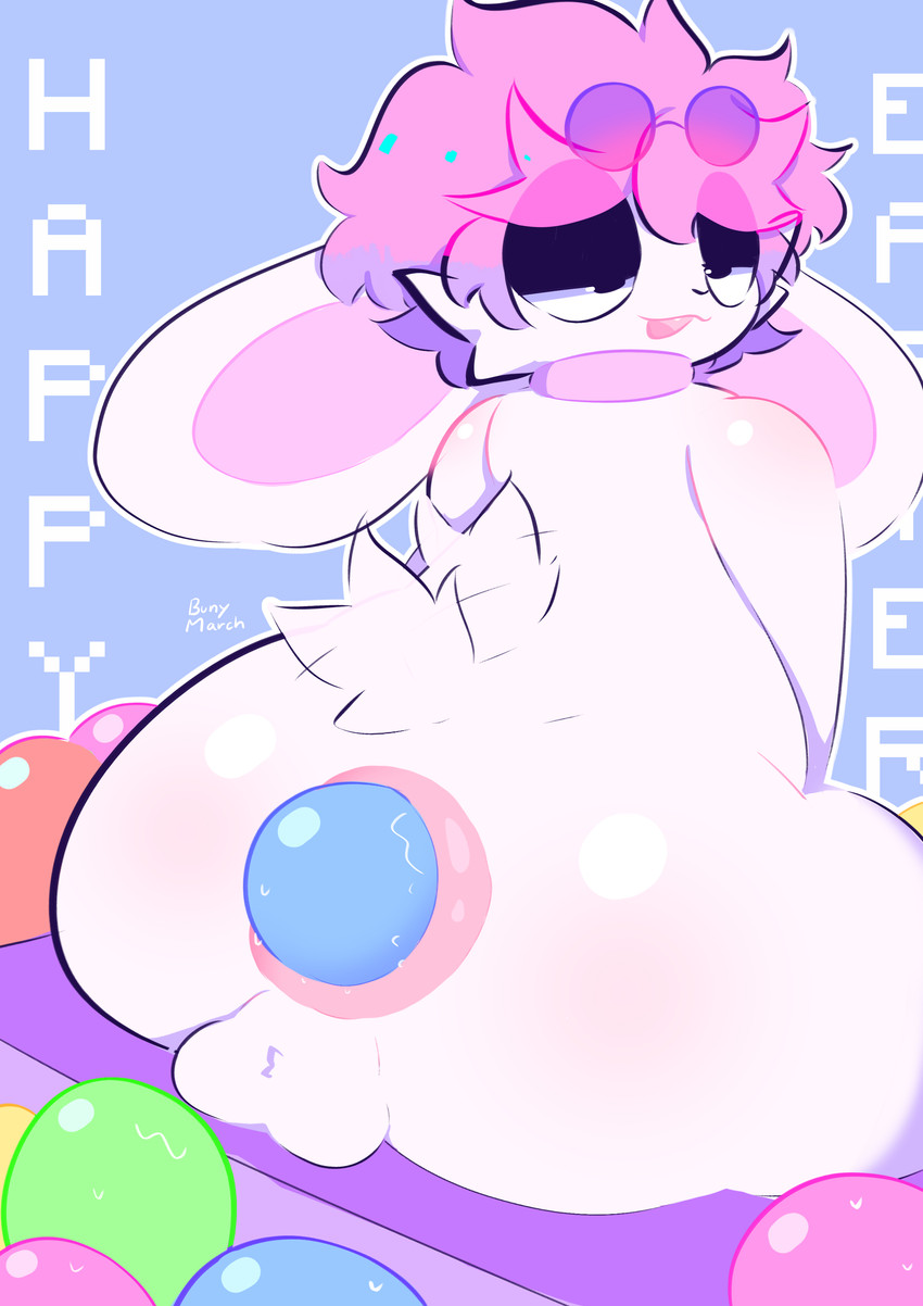 anal anal_penetration anthro anthro_penetrated anus backsack balls big_butt blush bodily_fluids bubble_butt butt easter_egg egg egg_from_ass egg_in_ass eyewear femboy fur genitals hair holidays huge_butt looking_pleasured male male_oviposition narrowed_eyes nude open_mouth oviposition penetration pink_body pink_fur plug_(sex_toy) plug_insertion rear_view sex_toy simple_background sitting smile solo stretched_anus stretching sunglasses tail tail_motion tail_tuft tailwag text thick_thighs tongue tuft white_body white_fur wide_hips bunymarch42 easter easter_bunny fritz_(winteriris42) lagomorph leporid mammal rabbit absurd_res digital_media_(artwork) english_text hi_res