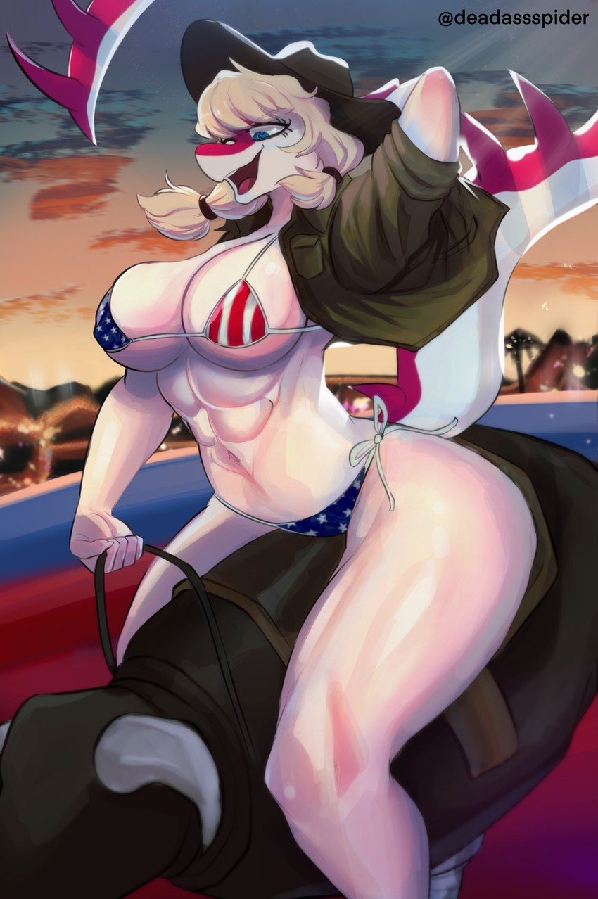 5_fingers abs american_flag_bikini anthro athletic athletic_anthro athletic_female big_breasts bikini blonde_hair blue_eyes breasts claws clothed clothing colored_edge_bikini cowboy_hat curvy_figure detailed_background eyelashes female finger_claws fingers flag_bikini hair hand_behind_head hat headgear headwear jacket long_tail mechanical_bull multicolored_body multicolored_scales open_mouth open_smile outside red_body red_scales scales side-tie_bikini side-tie_clothing side-tie_swimwear skimpy skimpy_bikini smile snout solo spiked_tail spikes spikes_(anatomy) string_bikini swimwear tail thick_thighs topwear triangle_bikini two-piece_swimsuit two_tone_body two_tone_scales white_body white_scales wide_hips deadassspider cavemanon_studios i_wani_hug_that_gator mia_moretti dinosaur hadrosaurid ornithischian ornithopod parasaurolophus prehistoric_species reptile scalie 2024 absurd_res artist_name digital_drawing_(artwork) digital_media_(artwork) hi_res watermark