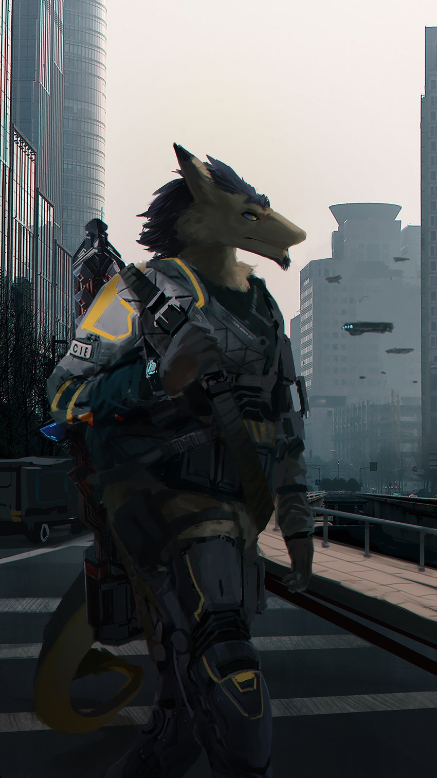 anthro city fur futuristic futuristic_armor futuristic_city futuristic_clothing futuristic_gun futuristic_theme grey_hair hair male outbreak_prime solo tah'ihl tail tan_body tan_fur yellow_eyes aidelank mick39 destiny_(video_game) destiny_2 averious sergal absurd_res hi_res