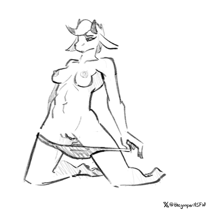 anthro breasts clothed clothing female fur genitals hair horn nipples panties panties_down partially_clothed pussy solo underwear underwear_down thegooper vasira bovid caprine goat mammal digital_media_(artwork) hi_res monochrome sketch