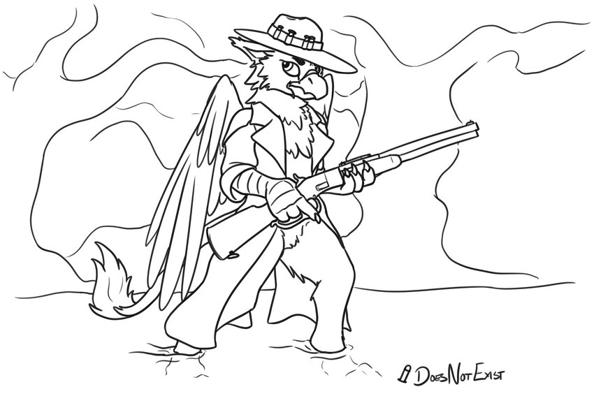 allister anthro cowboy gun holding_object holding_ranged_weapon holding_weapon hunter lever_action lever_action_rifle male ranged_weapon rifle solo swamp weapon winchester_1873 hunt_showdown mythology avian gryphon mythological_avian mythological_creature 3:2 hi_res monochrome