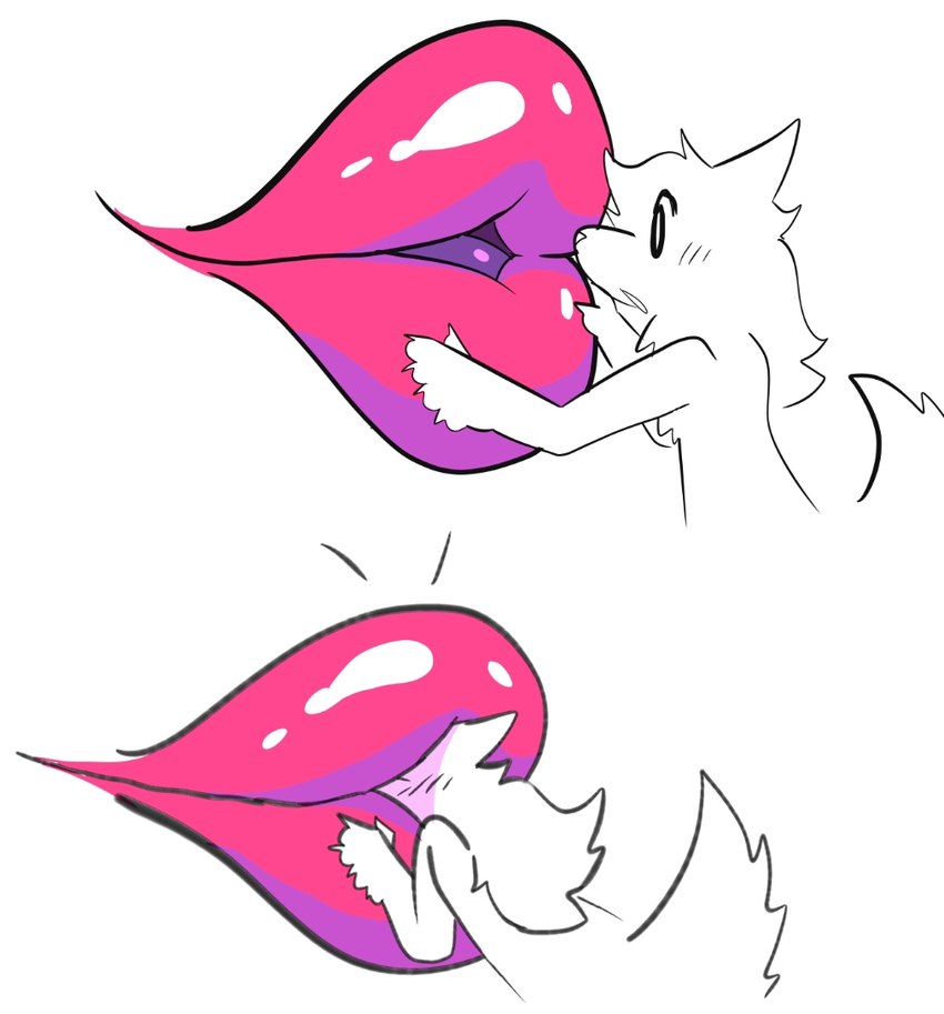 5_fingers anthro blush breasts disembodied_mouth duo eyelashes female fingers fur hair huge_lips kissing kissing_head lips medium_breasts open_mouth pink_lips raised_tail simple_background snout tail tongue two_frame_image white_background bigsteppies canid fella_(aimkid) mammal