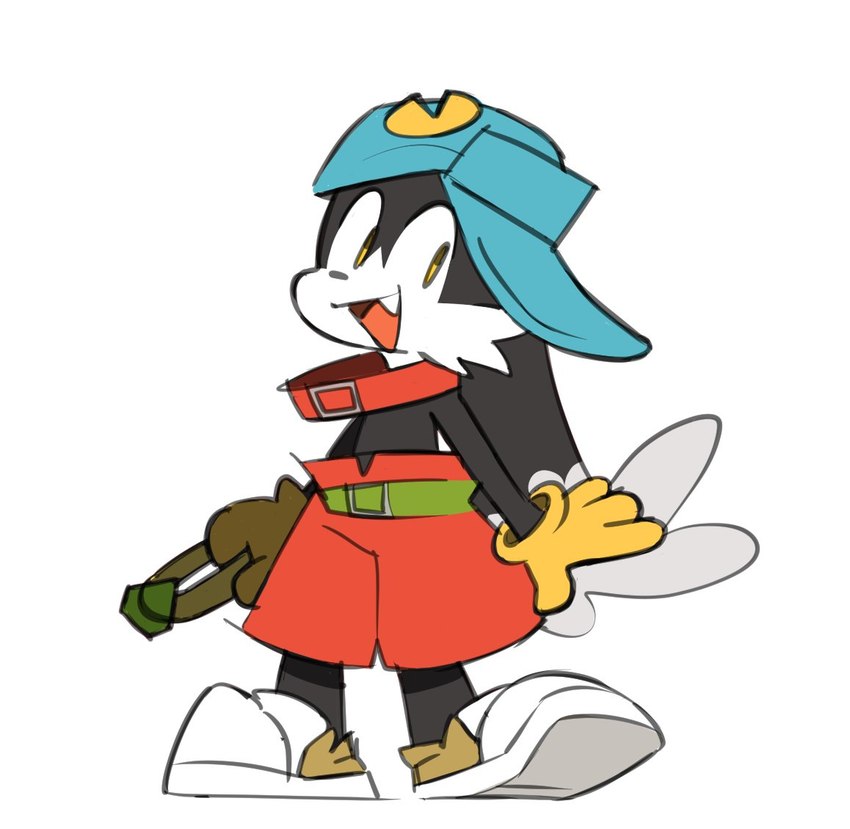 anthro belt big_collar bottomwear clothing collar fangs footwear gloves handwear hat headgear headwear long_ears male oversized_collar ring shoes shorts simple_background smile solo teeth yellow_eyes imkrisyim bandai_namco klonoa_(series) klonoa domestic_cat felid feline felis mammal