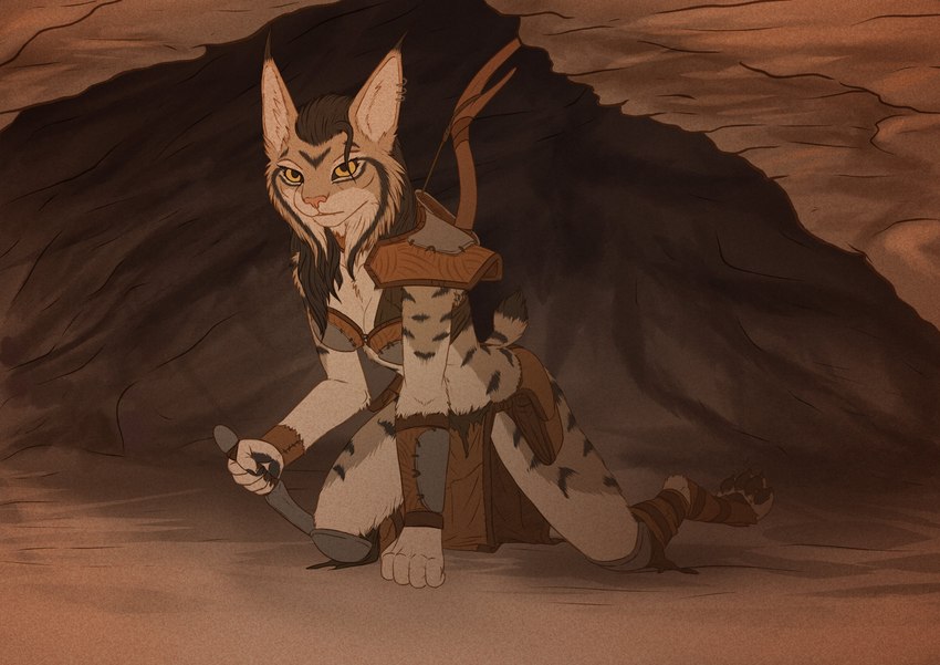 anthro bottomwear bow_(weapon) cave clothing ear_piercing female holding_object holding_weapon knee_pads kneeling loincloth looking_at_viewer mostly_nude piercing ranged_weapon solo spread_legs spreading weapon yellow_eyes spectronic mira_(spectronic) felid feline lynx mammal absurd_res hi_res