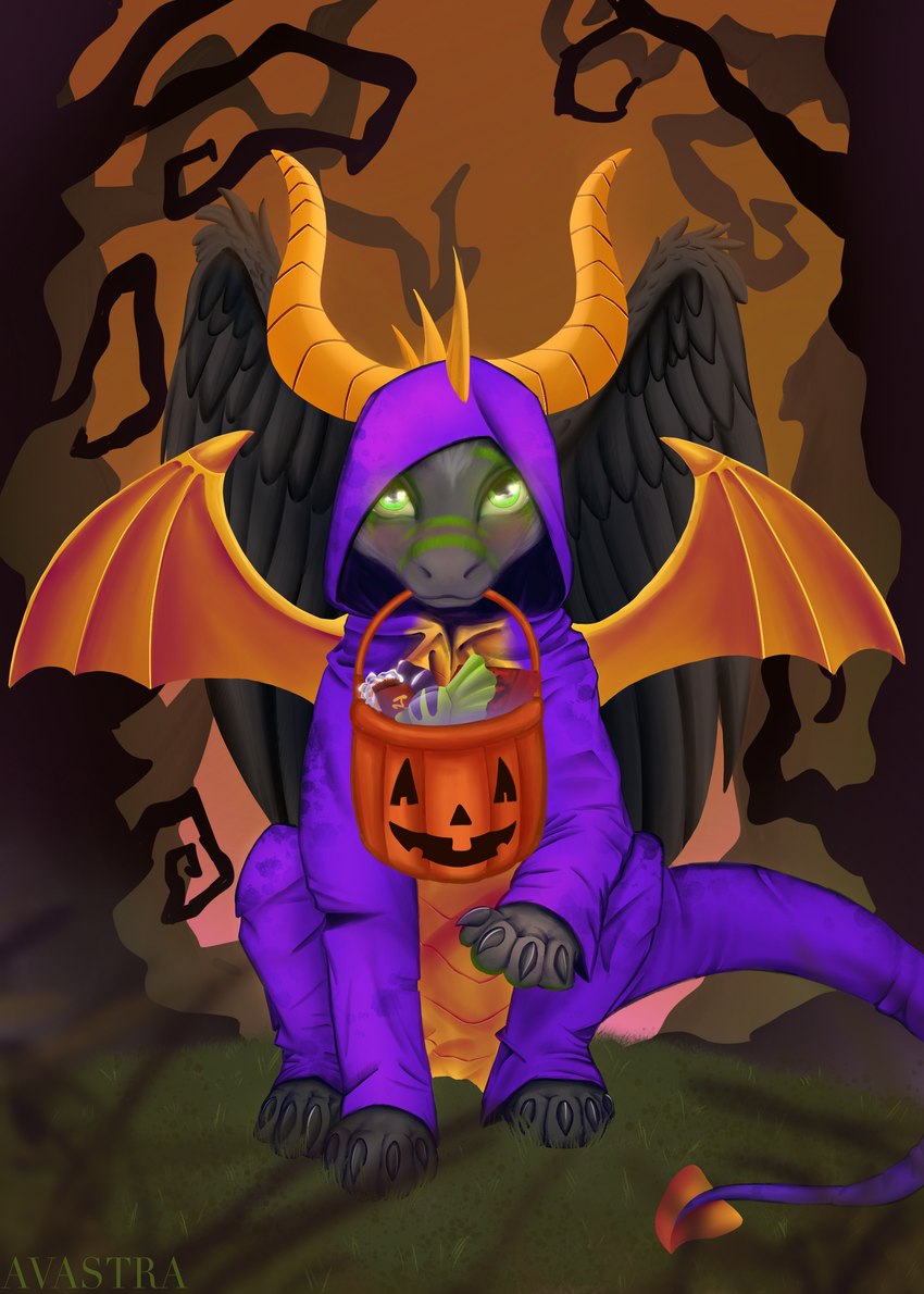 candy candy_bucket clothing costume dessert feathered_wings feathers feral food fur halloween_costume holidays looking_at_viewer male solo tail wings avastra activision halloween mythology spyro_the_dragon blightwing spyro dragon furred_dragon furred_scalie mythological_creature mythological_scalie scalie absurd_res hi_res