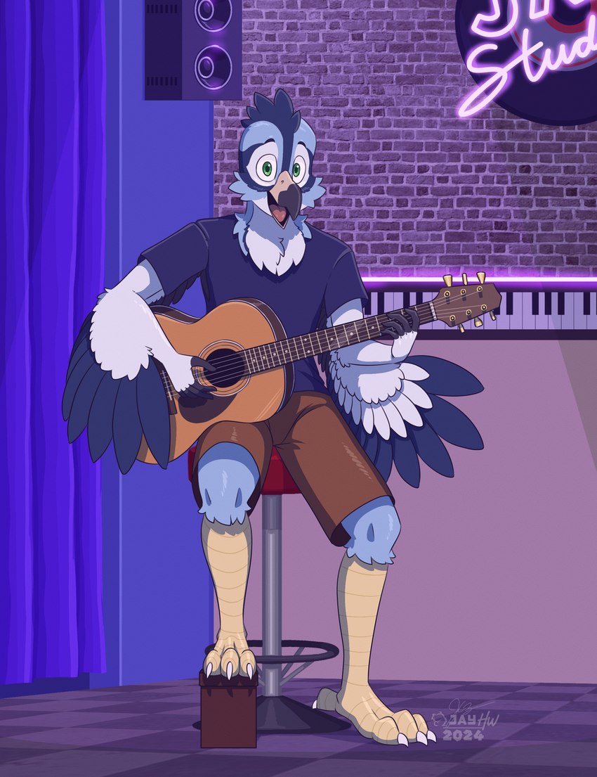 3_toes 5_fingers acoustic_guitar anthro barefoot beak black_beak black_clothing black_eyebrows black_shirt black_t-shirt black_topwear blue_body blue_curtains blue_feathers bottomwear brick_wall brown_bottomwear brown_clothing brown_shorts cheek_tuft chest_tuft claws clothing countershade_torso countershading detailed_background eye_markings eyebrows facial_markings facial_tuft feathers feet fingerless_(marking) fingers floor furniture green_eyes guitar head_markings head_tuft holding_guitar holding_musical_instrument holding_object inside knee_tuft leg_tuft logo looking_at_viewer male markings multicolored_beak musical_instrument neon_sign open_beak open_mouth pink_tongue playing_guitar playing_music plucked_string_instrument scuted_legs scutes shirt shorts sign sitting sitting_on_stool solo speaker stool string_instrument t-shirt tan_scutes text tile tile_floor toe_claws toes tongue topwear tuft two_tone_beak wall_(structure) white_body white_claws white_feathers winged_arms wings yellow_beak sammfeatblueheart avian bird 2024 absurd_res artist_logo cel_shading english_text hi_res shaded signature