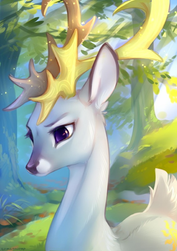 alternate_species antlers detailed_background female female_feral feral forest horn moss outside plant purple_eyes solo tree tomatocoup friendship_is_magic hasbro my_little_pony princess_celestia_(mlp) deer mammal 2019 digital_media_(artwork) hi_res