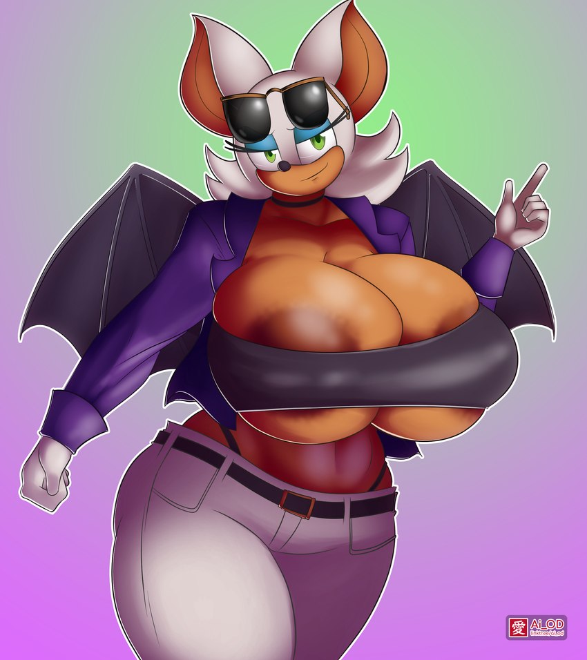 5_fingers anthro areola belt big_breasts blue_eyeshadow bottomwear breasts clothing eyelashes eyeshadow eyewear female fingers gloves green_eyes handwear huge_breasts looking_at_viewer makeup membrane_(anatomy) membranous_wings pants purple_clothing solo sunglasses under_boob white_bottomwear white_clothing white_pants wings ai_od sega sonic_the_hedgehog_(series) rouge_the_bat bat mammal 2023 absurd_res hi_res