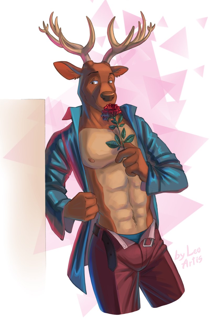 abs anthro antlers athletic athletic_anthro athletic_male belt blue_clothing blue_shirt blue_topwear bottomwear brown_body brown_eyes brown_fur bulge clothed clothing collared_shirt eyebrows flower fur gradient_background holding_flower holding_object horn jacket male navel nipples open_clothing open_shirt open_topwear pants pecs pink_background plant red_bottomwear red_clothing red_pants rose_(flower) shirt simple_background solo standing topwear triangle_(shape) unbuttoned_pants white_background leo-artis beastars netflix louis_(beastars) cervine deer mammal red_deer 2022 absurd_res hi_res signature