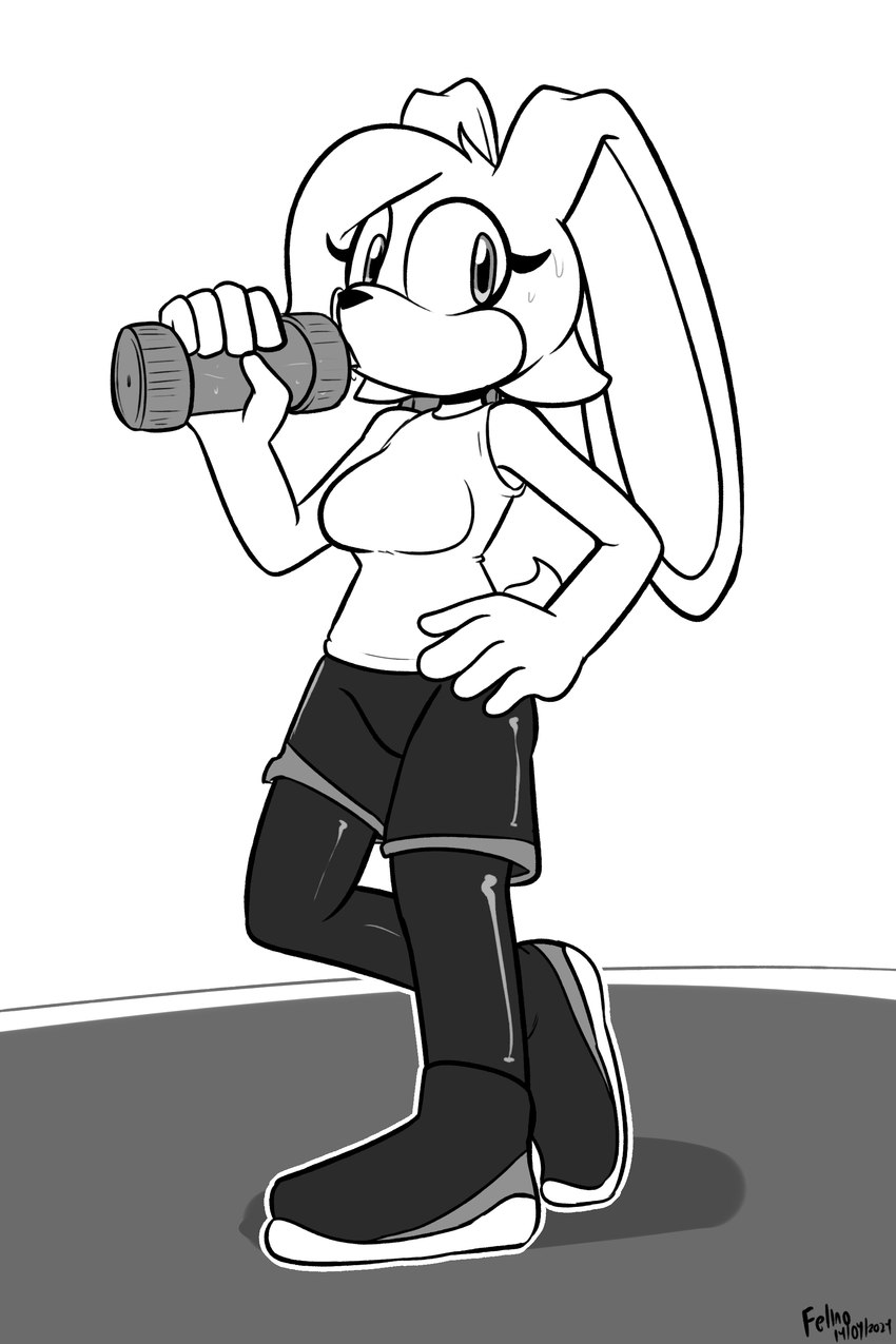 5_fingers anthro bodily_fluids bottle bottomwear clothing container drinking female fingers floppy_ears hair hand_on_hip leggings legwear looking_at_viewer open_mouth running_shoes shirt shorts solo sweat tank_top topwear water_bottle felino lagomorph leporid mammal rabbit 2024 2:3 absurd_res greyscale hi_res monochrome