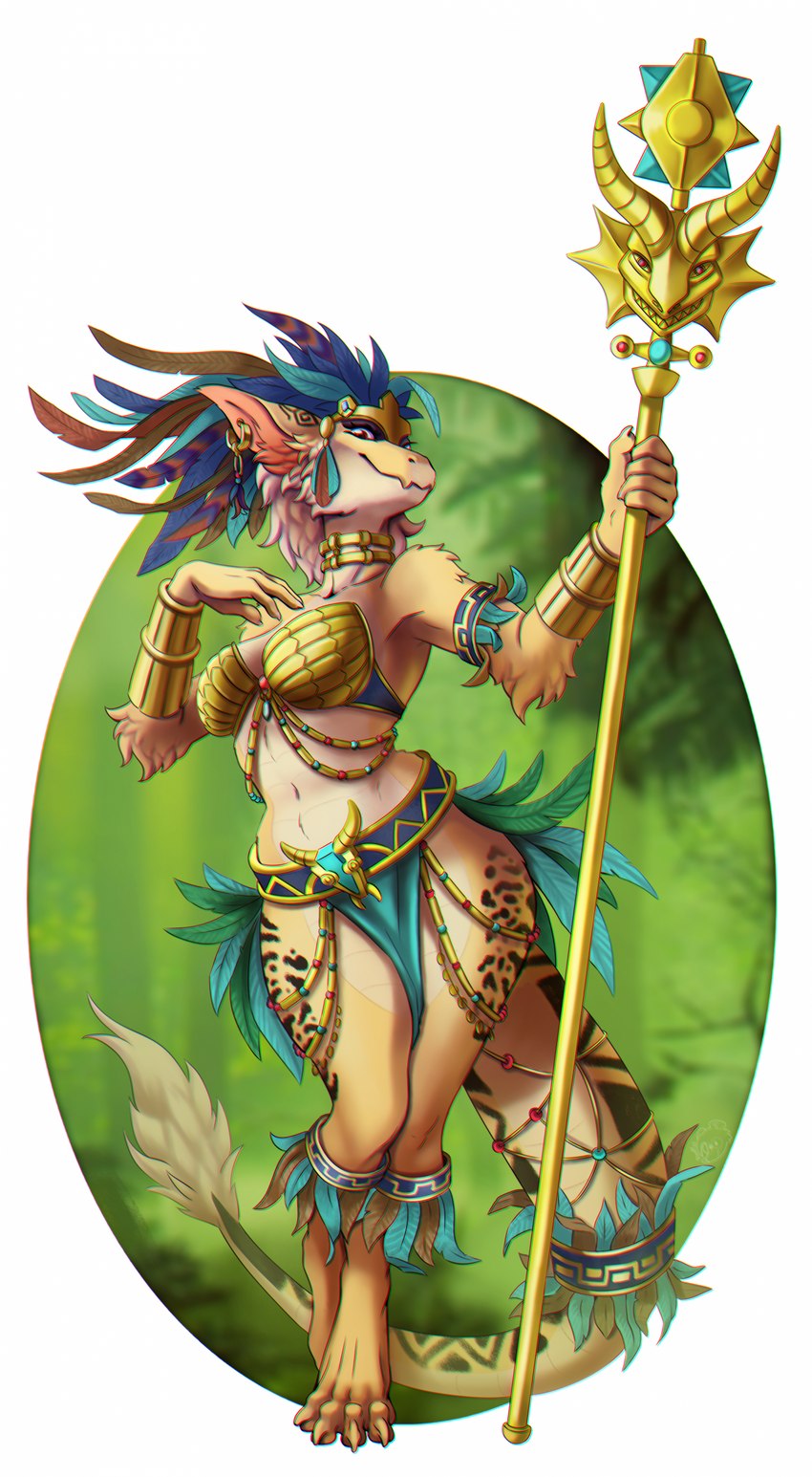 animal_print anthro aztec breasts clothed clothing feathers female forest fur fur_and_scales hair jaguar_print jewelry jungle looking_at_viewer plant scales simple_background smile solo staff tail tree ventral_scales yellow_body yellow_fur yellow_scales ronff mythology ketzal dragon feathered_dragon feathered_scalie mythological_creature mythological_scalie scalie wingless_dragon 2023 absurd_res digital_media_(artwork) hi_res