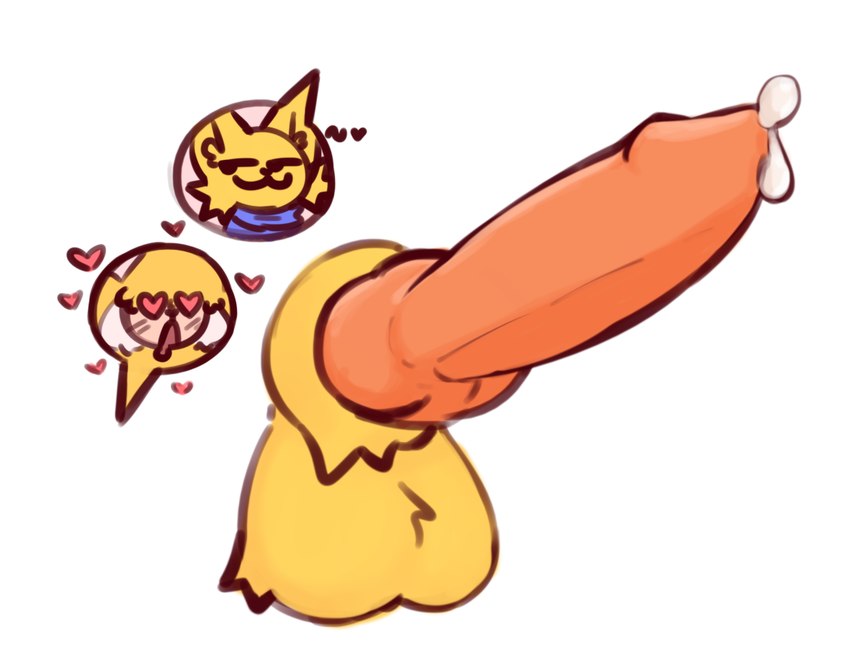 :3 animal_genitalia anthro balls blonde_hair blush bodily_fluids cheek_tuft duo erection facial_tuft fluffy fur genital_fluids genitals hair heart_symbol knot knotted_penis leaking male male/male orange_penis penis precum sheath smug tuft yellow_body yellow_fur bean0tastic beanie_(bean0tastic) bovid canid canine caprine felid feline mammal sheep