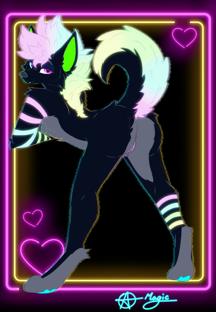 anthro arm_support arm_warmers armwear ass_up bedroom_eyes bent_over big_ears black_body black_fur blue_eyes butt clothing cute_fangs digitigrade eyebrows fangs featureless_chest female fur genitals glowing glowing_body glowing_fur grey_body grey_fur heart_symbol heterochromia leaning leaning_forward leg_wrap long_legs looking_at_viewer looking_back looking_back_at_viewer markings mohawk mostly_nude multicolored_body multicolored_fur narrowed_eyes neon neon_lights nude pink_eyes raised_eyebrows raised_tail rear_view seductive smile solo sparklefur spread_legs spreading striped_markings stripes suggestive_expression suggestive_pose tail teeth vulva freak_magic1369 stryker_(freak_magic1369) canid canine mammal maned_wolf absurd_res hi_res neon_colors primary_colors signature
