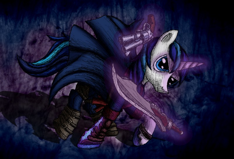 blue_eyes blue_hair feral gun hair handgun horn longcoat male melee_weapon ranged_weapon revolver solo sword weapon metadragonart capcom devil_may_cry devil_may_cry_4 friendship_is_magic hasbro my_little_pony mythology nero_(devil_may_cry) shining_armor_(mlp) equid equine mammal mythological_creature mythological_equine unicorn crossover hi_res