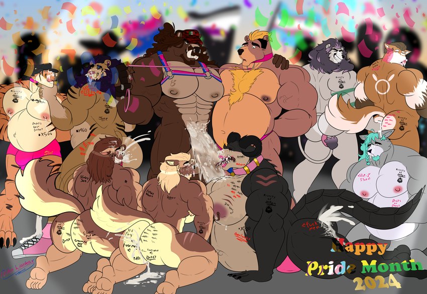 anthro balls belly bisexual_male bisexual_pride_colors blush bodily_fluids body_writing brown_body butt degradation detailed_background directional_arrow dominant dominant_male fur genital_fluids genitals group hair horn lgbt_pride male male/male muscular muscular_anthro muscular_male nipples nude overweight overweight_male pecs penis pride_colors public public_nudity sex smile submissive submissive_male tally_marks teeth text western_tally_marks writing_on_arm writing_on_back writing_on_belly writing_on_butt writing_on_chest writing_on_face artslionbear bethesda_game_studios fallout lgbt_pride_month microsoft mythology dillon_saenz goliath_deathclaw_(subbyclaw) harold_grifter animal_humanoid bear canid canine canis cat_humanoid deathclaw domestic_dog felid felid_humanoid feline feline_humanoid humanoid hybrid mammal mammal_humanoid mythological_creature mythological_scalie reptile reptile_humanoid scalie scalie_humanoid absurd_res digital_media_(artwork) english_text hi_res