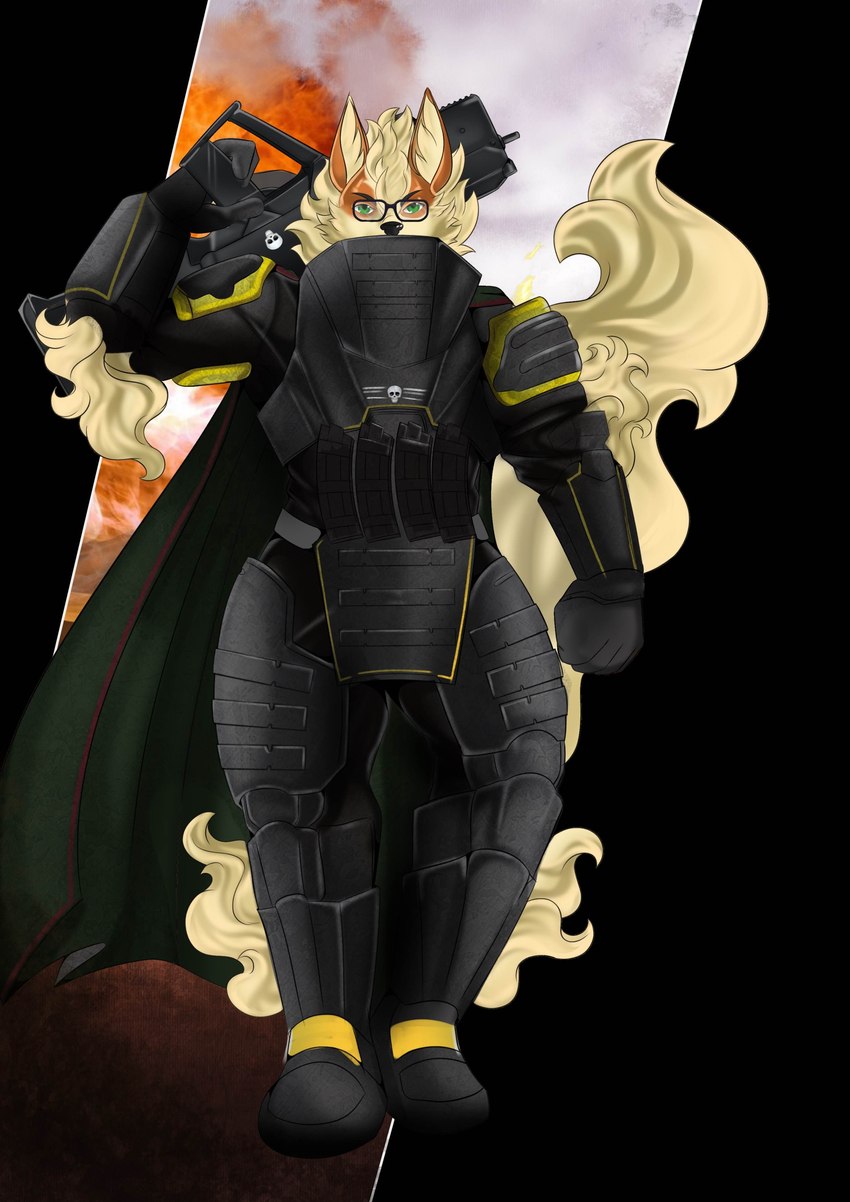 anthro ar-23_liberator armor assault_rifle explosion glass gun magazine_(gun) male pose ranged_weapon rifle solo weapon checkhoff helldivers nintendo pokemon emarcanine arcanine generation_1_pokemon pokemon_(species) absurd_res hi_res