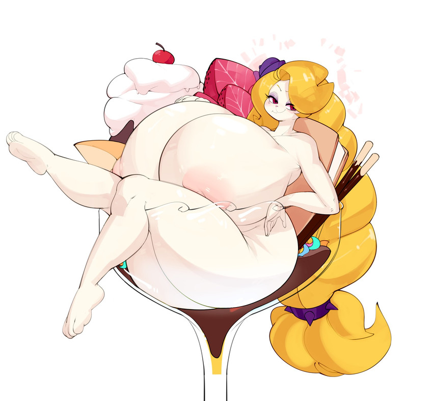 anthro bent_leg big_breasts blonde_hair braided_hair breasts breasts_on_lap cherry clothing container dairy_products dessert extended_leg female food fruit hair hair_over_edge hat headgear headwear huge_breasts hyper hyper_breasts ice_cream ice_cream_sandwich in_container in_cup in_food in_glass leg_over_edge long_hair nipples nude over_edge plant simple_background solo strawberry sunken_seat up_and_over whipped_cream white_background bulumble-bee mario_bros nintendo pocky super_mario_odyssey broodal hariet_(mario) lagomorph leporid mammal rabbit hi_res