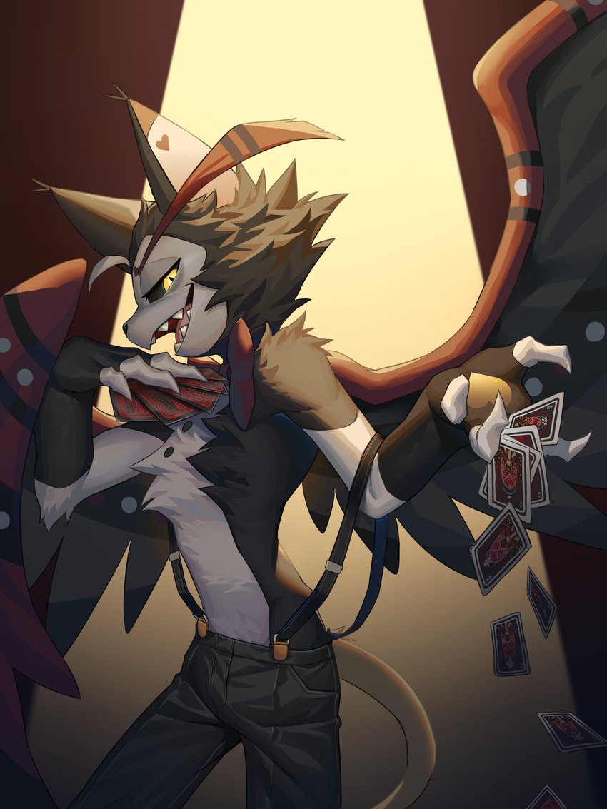 anthro card demonic heart_symbol male poker_cards shirtless shirtless_male singing solo spotlight tail wings wry_smile ty_arashi hazbin_hotel husk_(hazbin_hotel) demon domestic_cat felid feline felis mammal 3:4 absurd_res hi_res