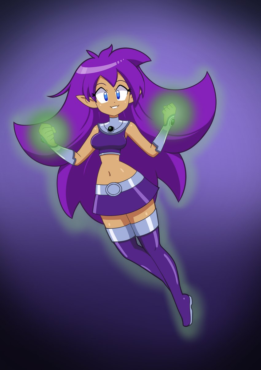 aura blue_eyes breasts clothing cosplay crossover_cosplay female footwear hair humanoid_pointy_ears looking_at_viewer midriff navel not_furry pointy_ears purple_hair simple_background smile solo snowmantofu dc_comics shantae_(series) teen_titans wayforward shantae starfire_(teen_titans) genie humanoid absurd_res crossover hi_res