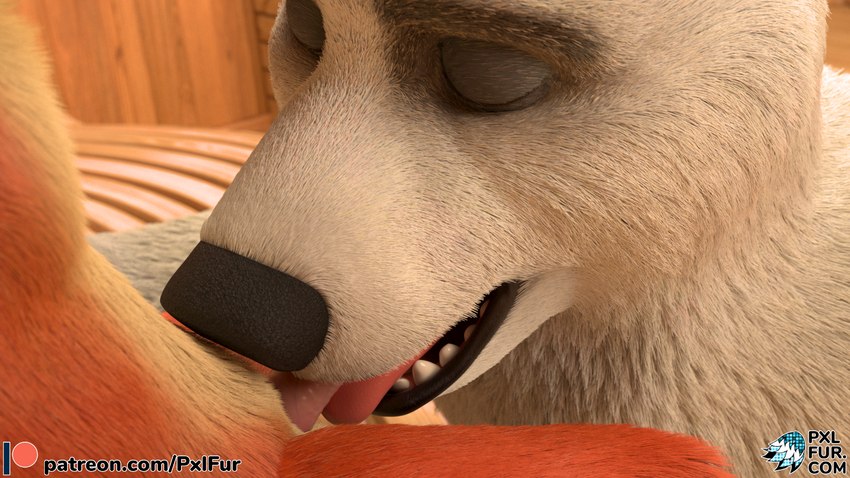 anthro duo fellatio male male/male oral penile sex size_difference tongue_out_blowjob conditional_dnp pxlfur bear canid canine fox mammal polar_bear ursine 16:9 3d_(artwork) digital_media_(artwork) hi_res widescreen