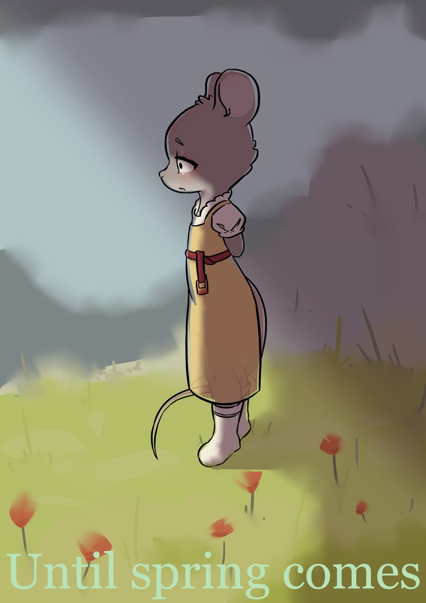 anthro biped blush female female_anthro flat_chested flower fur grey_body grey_fur outside plant plantigrade side_view solo standing text young young_anthro young_female crowskull ernest_and_celestine celestine_(ernest_and_celestine) mammal mouse murid murine rodent 2022 absurd_res english_text hi_res