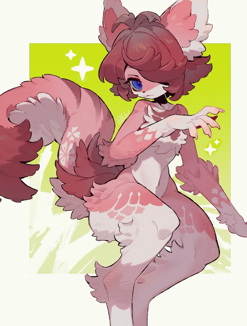 5_fingers anthro blue_eyes female female_anthro fingers floral_pattern fluffy fluffy_tail fur hair looking_at_viewer multicolored_body multicolored_fur navel pink_body pink_fur pink_hair short_snout sitting solo sparkles tail two_tone_body two_tone_fur white_body white_fur bulbul_bei 2025 hi_res