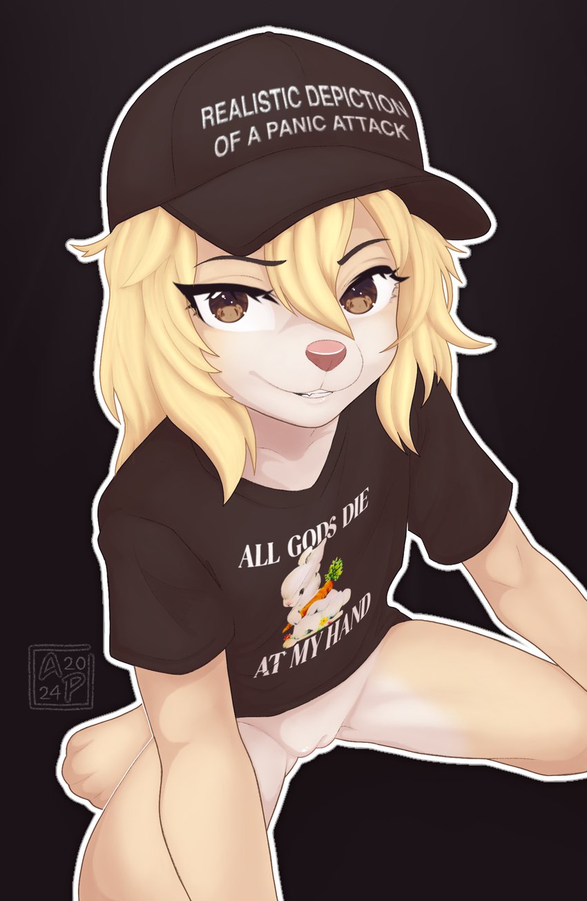 anthro black_background blonde_hair bottomless bottomless_anthro bottomless_female brown_eyes clothed clothing countershade_fur countershading eyelashes female fur genitals grin hair hat headgear headwear high-angle_view looking_at_viewer looking_up looking_up_at_viewer outline print_clothing print_shirt print_t-shirt print_topwear pussy shirt simple_background sitting smile solo t-shirt tan_body tan_fur text text_on_clothing text_on_hat text_on_headwear text_on_shirt text_on_t-shirt text_on_topwear topwear white_outline young young_anthro young_female allypup ally_(allypup) bird_dog canid canine canis domestic_dog golden_retriever hunting_dog mammal retriever 2024 dated digital_drawing_(artwork) digital_media_(artwork) english_text hi_res shaded signature