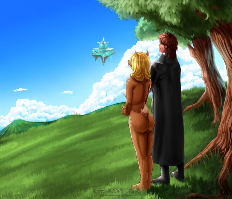 anthro barefoot big_butt blonde_hair blue_sky boots breasts brown_body brown_fur brown_hair butt clothed clothing cloud coat detailed_background duo feet female floating_island footwear fur grass hair hillside island landscape long_hair looking_up male mullet nature nude outside paws plant pose rear_view romantic romantic_couple scenery_porn shoes side_boob sky small_tail standing tail topwear tree trenchcoat wood hotbento deer human mammal 2013 detailed