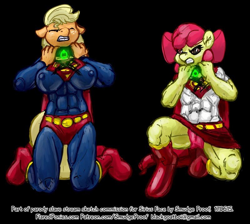 anthro camel_toe cosplay duo female glistening kryptonite latex loli muscular nipples text young smudge_proof dc_comics friendship_is_magic hasbro my_little_pony apple_bloom_(mlp) applejack_(mlp) supergirl superman alpha_channel crossover english_text hi_res url