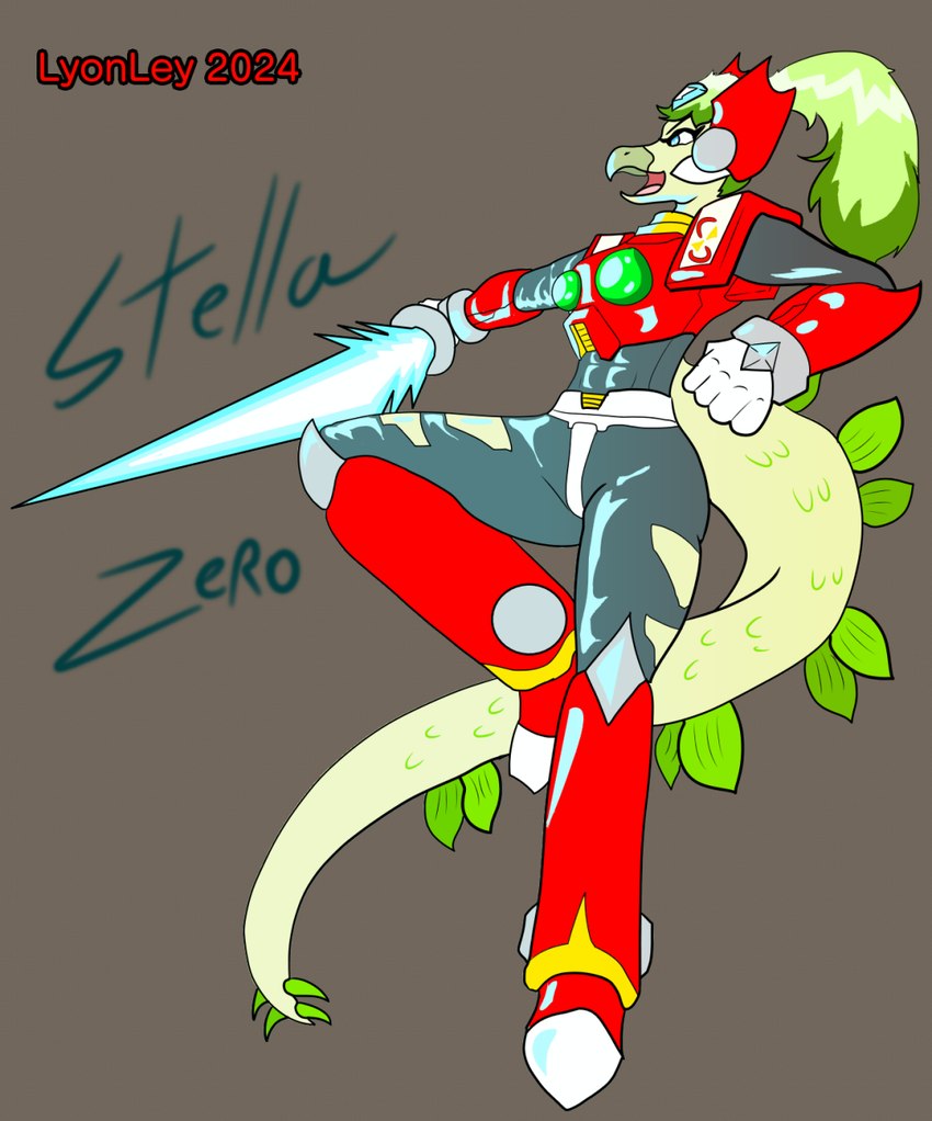 action_pose anthro armor clothed clothing cosplay costume crossover_cosplay female laser_sword light light_beam open_mouth pose solo lyonley capcom cavemanon_studios goodbye_volcano_high mega_man_(series) snoot_game stella_(gvh_beta) zero_(mega_man) dinosaur ornithischian prehistoric_species reptile scalie stegosaurian stegosaurus thyreophoran crossover hi_res