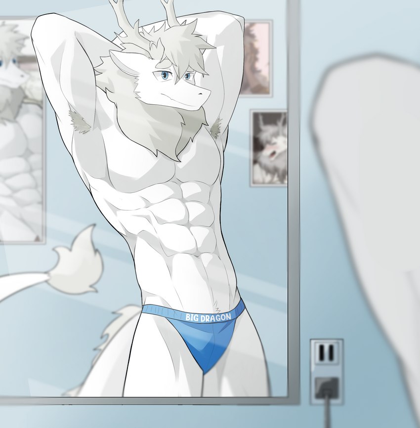 anthro armpit_hair blue_eyes body_hair clothed clothing grey_hair hair horn jockstrap looking_at_viewer male mane mirror muscular muscular_male solo tail topless underwear white_body takochinki fei_ren_zai_(non_human) mythology ao_lie dragon eastern_dragon mythological_creature mythological_scalie scalie absurd_res hi_res