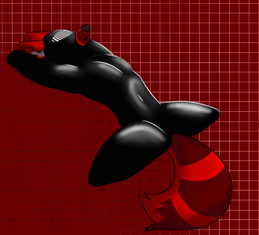 ambiguous_gender anthro black_body clothing fur geometric_background grid_background hands_behind_head hypnosis hypnotic_visor latex latex_clothing male mind_control pattern_background red_body red_fur red_tail simple_background solo spread_legs spreading tail tight_clothing rattdawg canid canine canis domestic_dog mammal hi_res