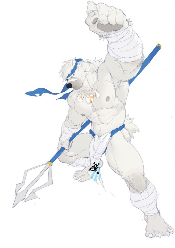 abs accessory anthro biceps big_muscles blue_eyes bottomwear clothing fur headband male muscular muscular_anthro muscular_male nipples pecs simple_background solo underwear white_background white_body white_fur rollingstoneeeeee ben_(rollingstoneeeeee) bear mammal polar_bear ursine 2018 digital_media_(artwork) hi_res line_art