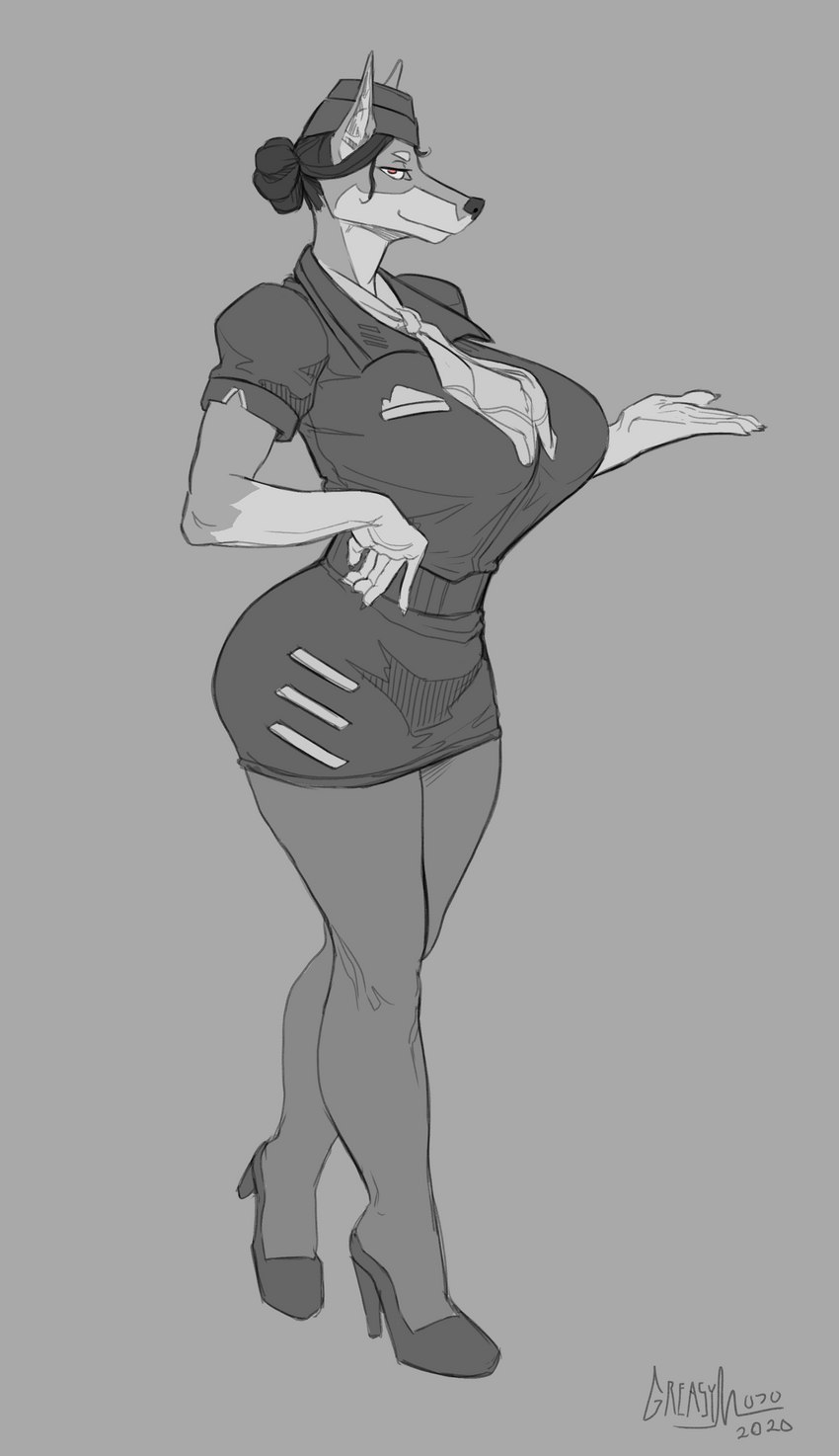 anthro big_breasts bottomwear breasts clothing female flight_attendant footwear high_heels shoes skirt solo greasymojo canid canine canis domestic_dog mammal 2020 absurd_res hi_res monochrome