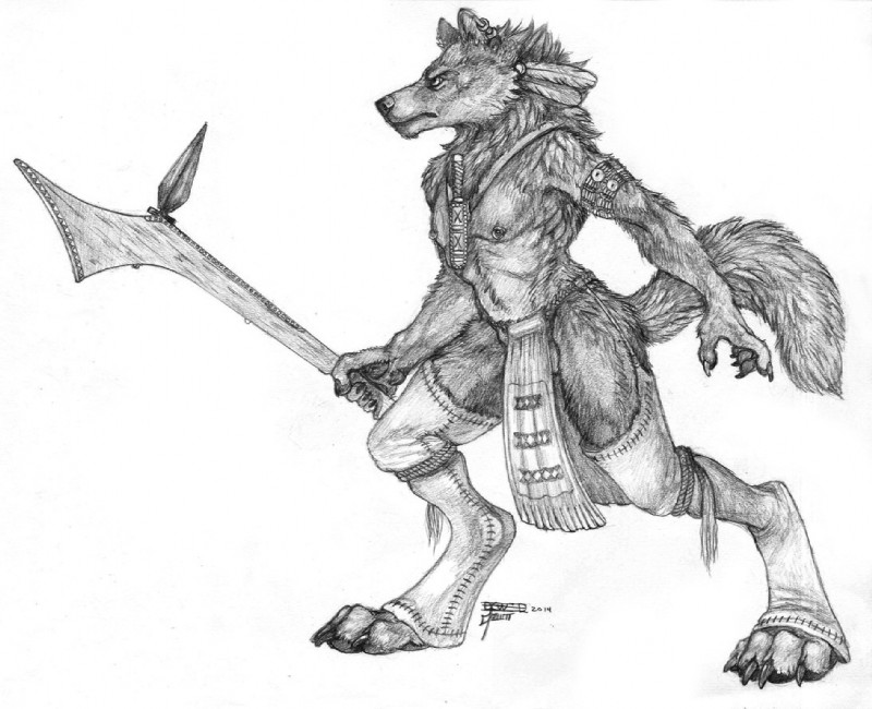 angry anthro armband bottomwear claws clothed clothing club_(weapon) dagger digitigrade ear_piercing feathers fur gunstock_club loincloth male melee_weapon muscular muscular_anthro muscular_male native_american nipple_piercing nipples paws piercing raised_tail simple_background solo spats tail topless weapon simul canid canine mammal maned_wolf 2014 artist_collaboration monochrome traditional_media_(artwork) unavailable_at_source