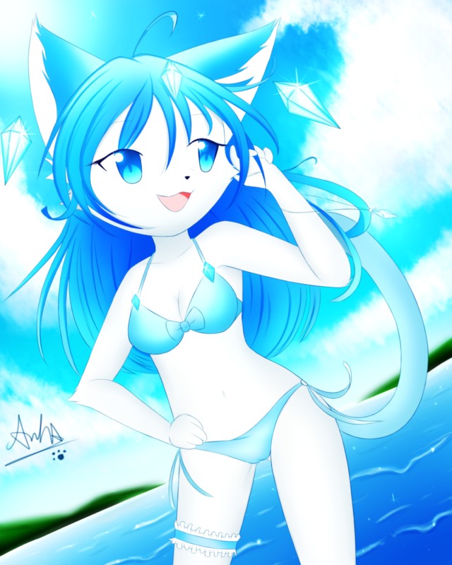 accessory anthro beach bikini blue_eyes blue_hair breasts clothing cloud female fur garter gem hair kemono long_hair seaside smile solo swimwear two-piece_swimsuit white_body white_fur young kryztar domestic_cat felid feline felis mammal 4:5 absurd_res digital_media_(artwork) hi_res shaded