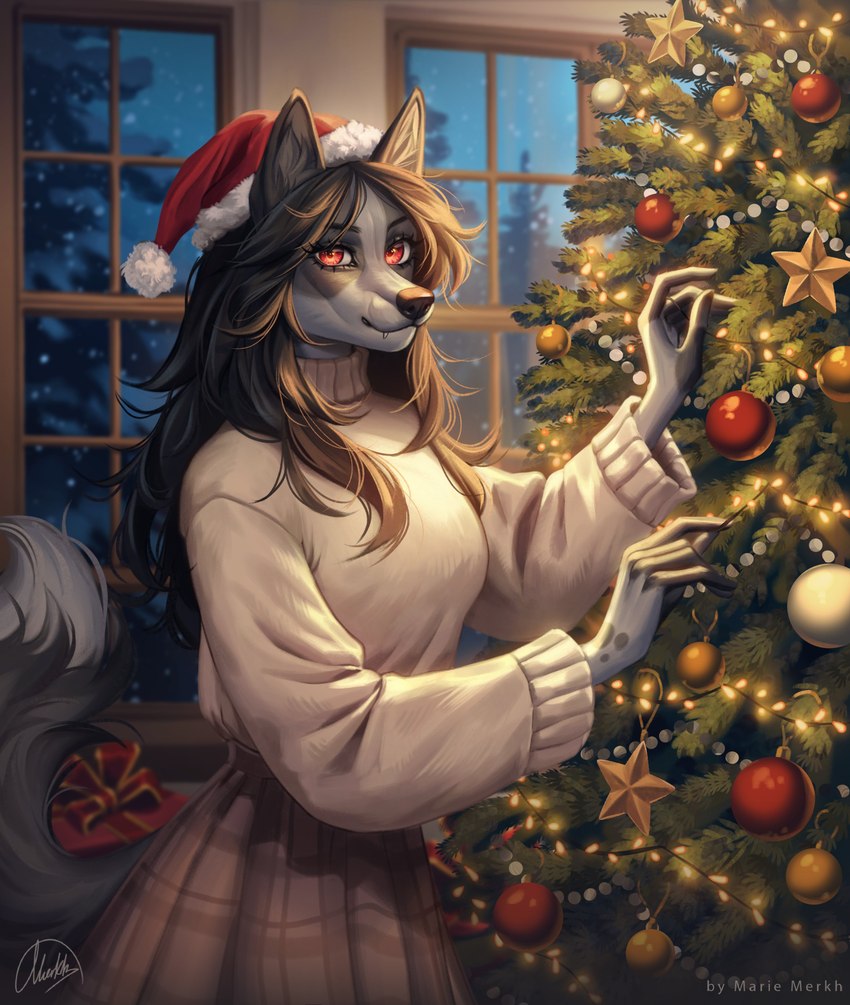 anthro black_hair black_nose bottomwear brown_bottomwear brown_clothing brown_skirt christmas_clothing christmas_headwear christmas_tree clothed clothing eyelashes fangs female fur glistening glistening_eyes grey_body grey_fur grey_tail hair hat headgear headwear holidays inside looking_at_viewer mouth_closed plant red_eyes santa_hat skirt snow snowing solo standing tail teeth topwear tree white_clothing white_topwear window marie_merkh christmas canid mammal absurd_res artist_name hi_res signature