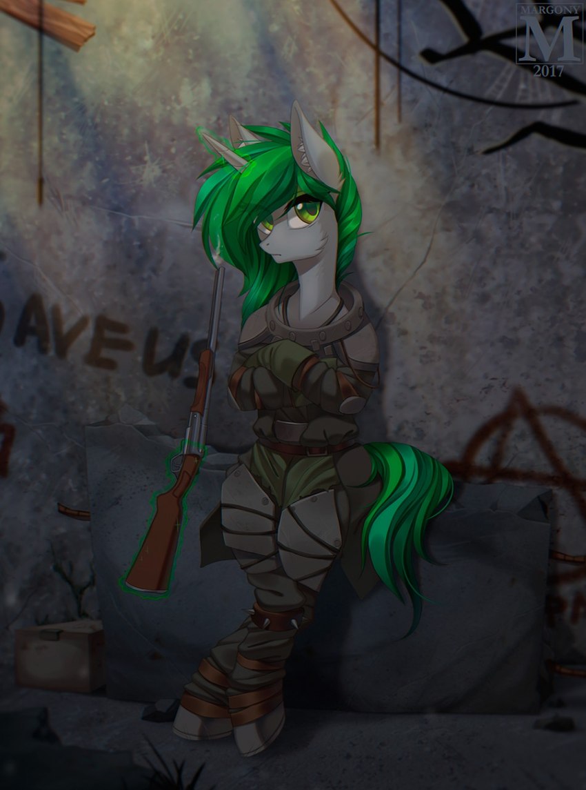 armor female feral green_eyes green_hair gun hair horn inner_ear_fluff leaning_on_wall magic ranged_weapon shotgun solo tuft weapon margony fallout fallout_equestria friendship_is_magic hasbro microsoft my_little_pony mythology jade_meadow_(plaguedwolf) raider_(fallout) equid equine mammal mythological_creature mythological_equine unicorn 2017 hi_res