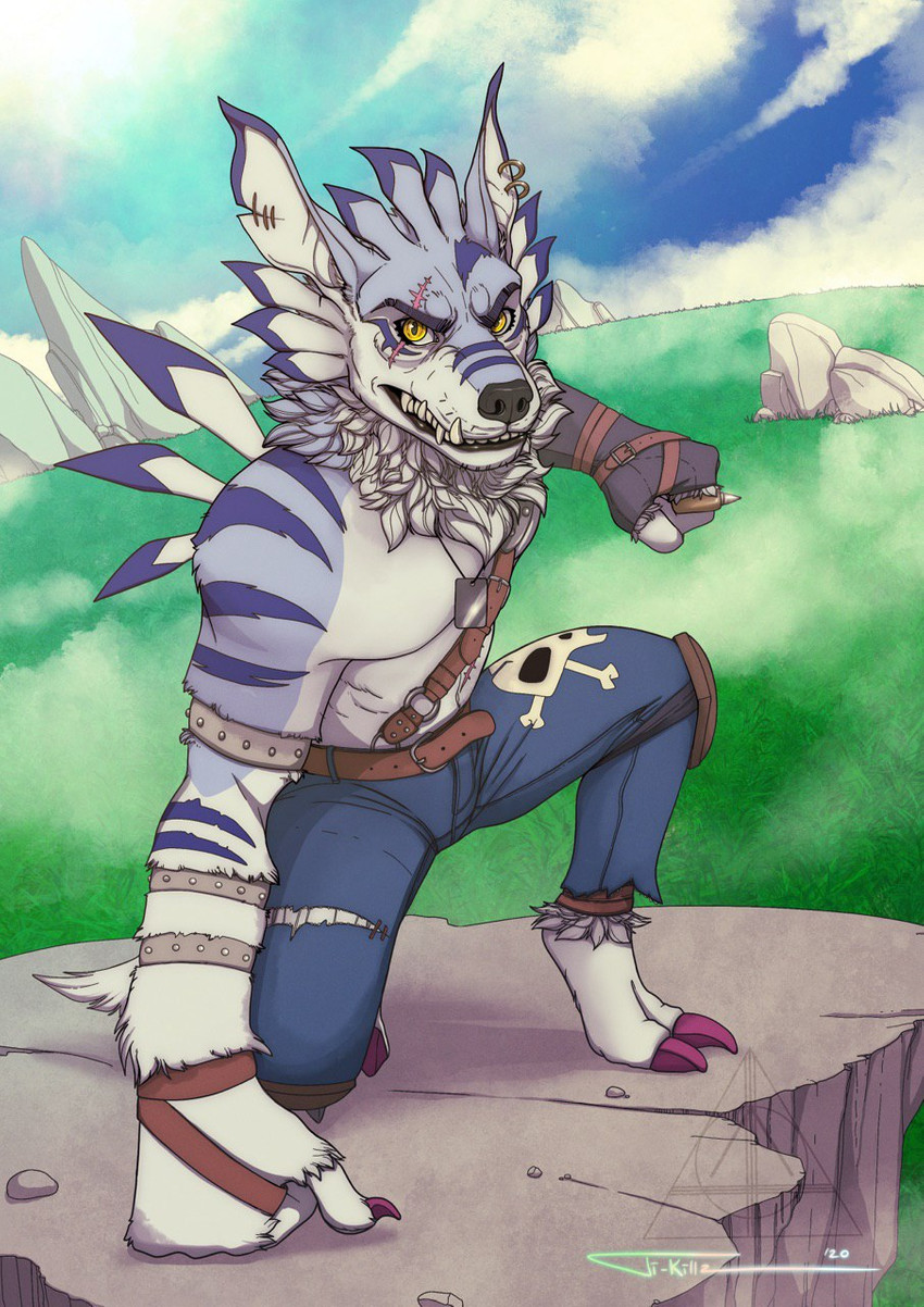 anthro clothed clothing fur looking_at_viewer male piercing simple_background smile solo teeth teeth_showing white_body white_fur killingtea bandai_namco digimon canid digimon_(species) mammal weregarurumon digital_media_(artwork) hi_res