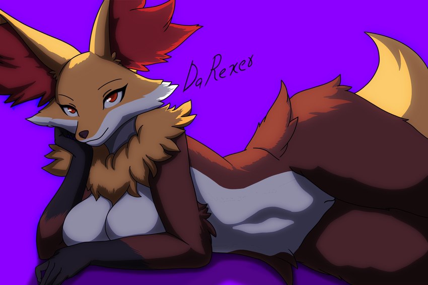 anthro breasts female genitals lying on_side pussy simple_background solo solo_focus darexer draw_me_like_one_of_your_french_girls nintendo pokemon canid canine delphox generation_6_pokemon humanoid mammal pokemon_(species) absurd_res hi_res meme