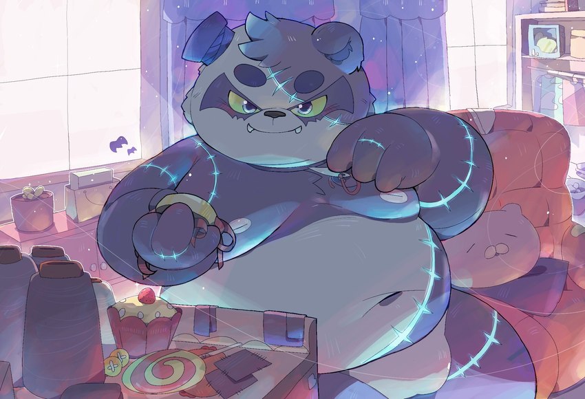 anthro belly belly_markings blush bulge clothing detailed_background male markings moobs navel nipples overweight solo thong underwear yellow_sclera thekingzao lifewonders tokyo_afterschool_summoners alp_(tas) bear giant_panda mammal hi_res