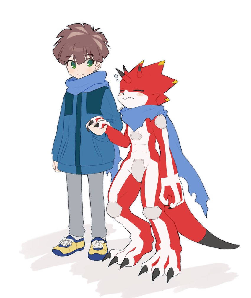 anthro blush brown_hair claws clothing codpiece duo eyes_closed green_eyes hair hand_holding jacket male red_body scarf topwear moch_ka_327 bandai_namco digimon digimon_ghost_game hiro_amanokawa betelgammamon digimon_(species) human mammal scalie hi_res