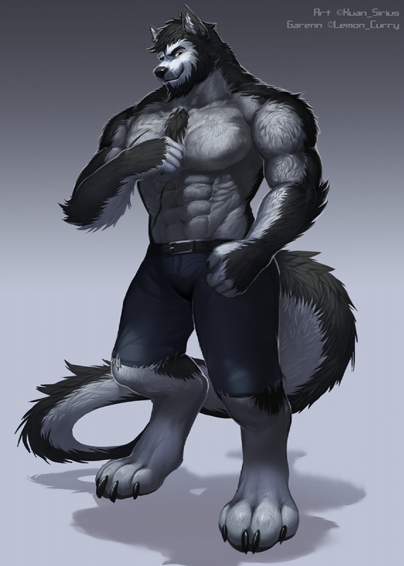 abs anthro belt biceps big_muscles biped black_body black_fur black_nose bottomwear claws clothed clothing fangs fur grey_body grey_fur hairy looking_at_viewer male muscular muscular_anthro muscular_male pants pecs scar smile solo standing teeth toe_claws topless yellow_eyes xuan_sirius garenn canid canine canis hybrid mammal wolf alternate_version_at_source hi_res