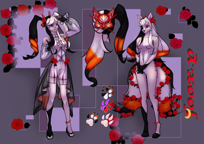 2_tails animal_mask anthro blood bodily_fluids character_foox clothing female flower fox_mask fox_tail gun hair heterochromia legwear long_hair markings mascot mask multi_tail plant ranged_weapon rose_(flower) solo spots spotted_markings stockings tail weapon foox.y fan_character canid canine fox human mammal absurd_res hi_res model_sheet