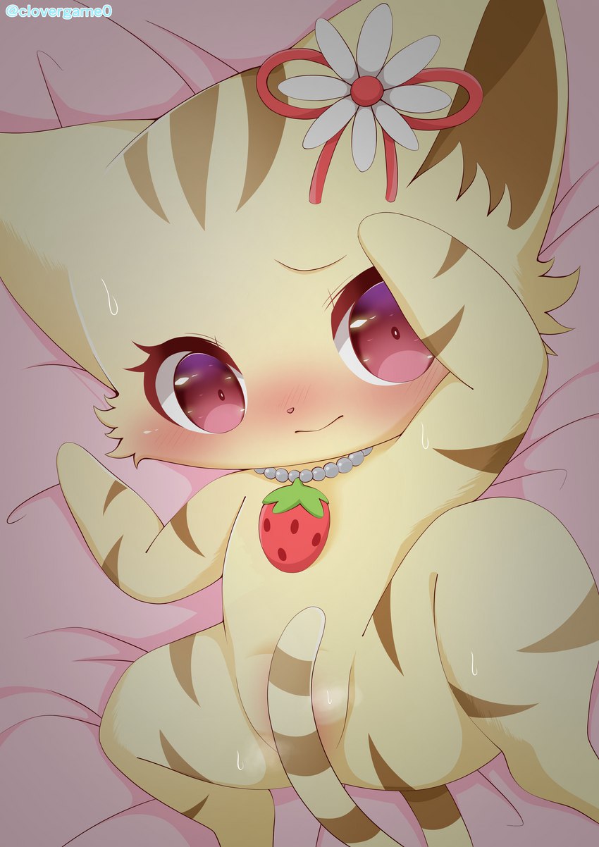 accessory anthro bed bedding bedding_background blush bodily_fluids convenient_censorship female flower flower_in_hair food fruit fur furniture hair hair_accessory jewelry lying necklace on_back on_bed pink_eyes plant solo strawberry striped_body striped_fur stripes sweat tail tail_censorship yellow_body yellow_fur young clovergame0 jewelpet sanrio sega sega_fave sango_(jewelpet) domestic_cat felid feline felis mammal tabby_cat 2022 absurd_res hi_res signature